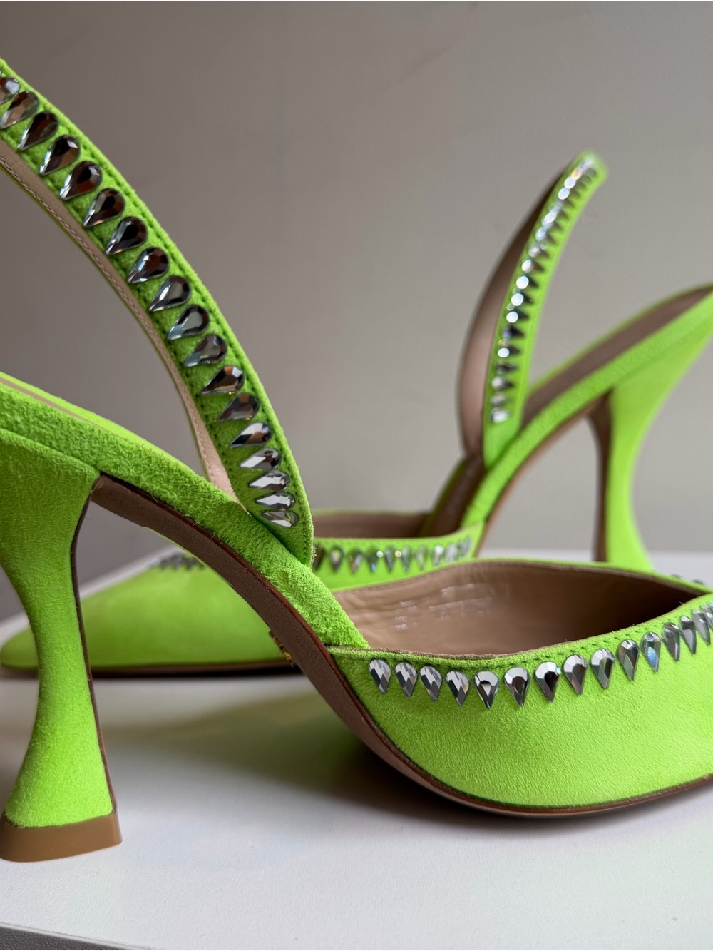 Stuart Weitzman Neon Green Teardrop-Stud Slingback Heels